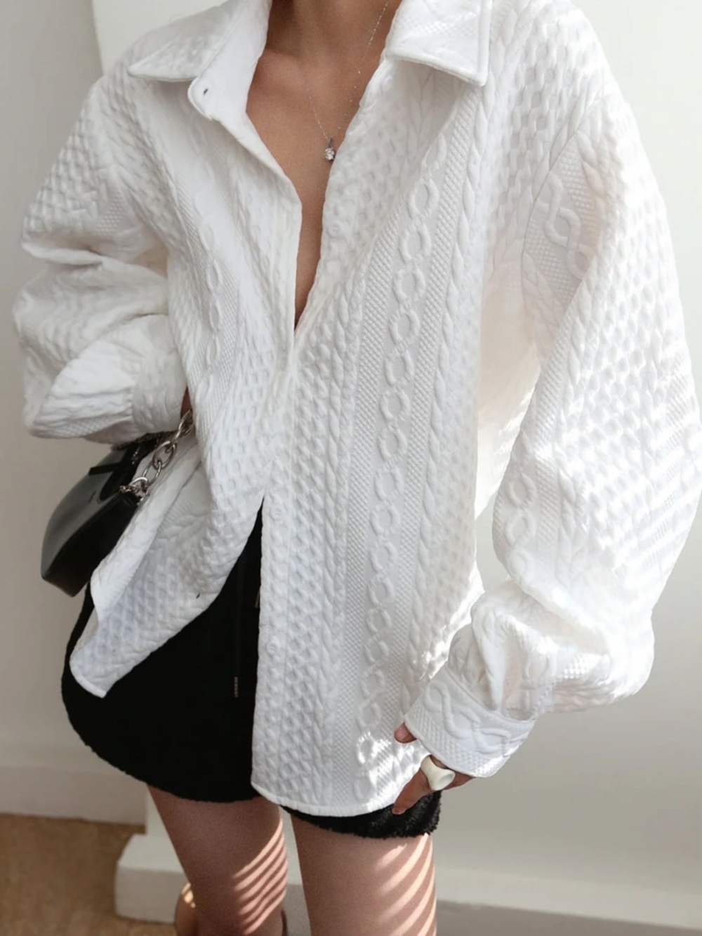 Commense Cable Knit Oversized Button-Up Shirt